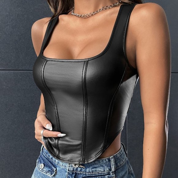 Black Preppy Womens Square Neck Asymmetrical Hem PU Tank Top - Picture 4 of 6